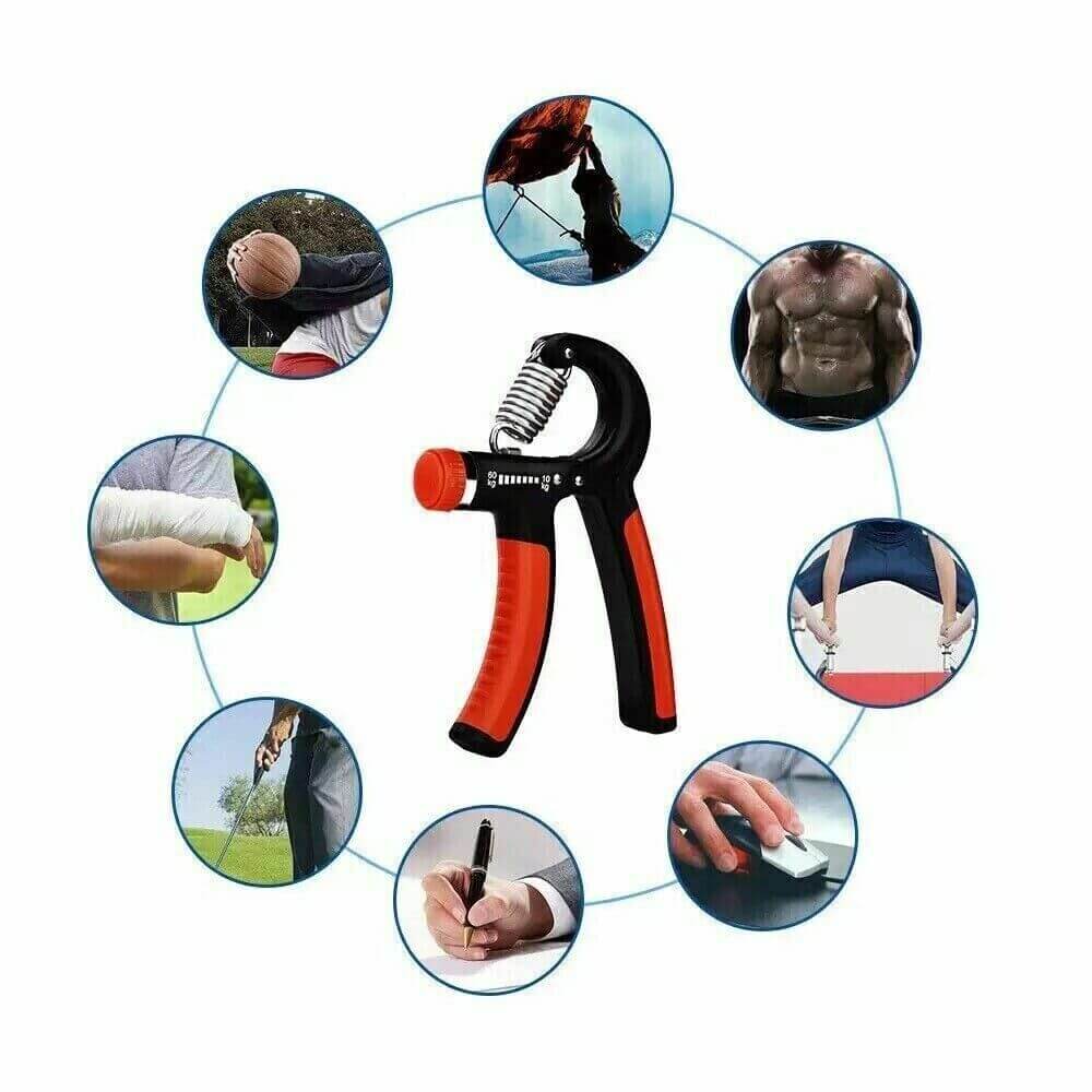 PowerGrip Strength Trainer displayed with various fitness and rehabilitation activities to improve grip strength trainer.